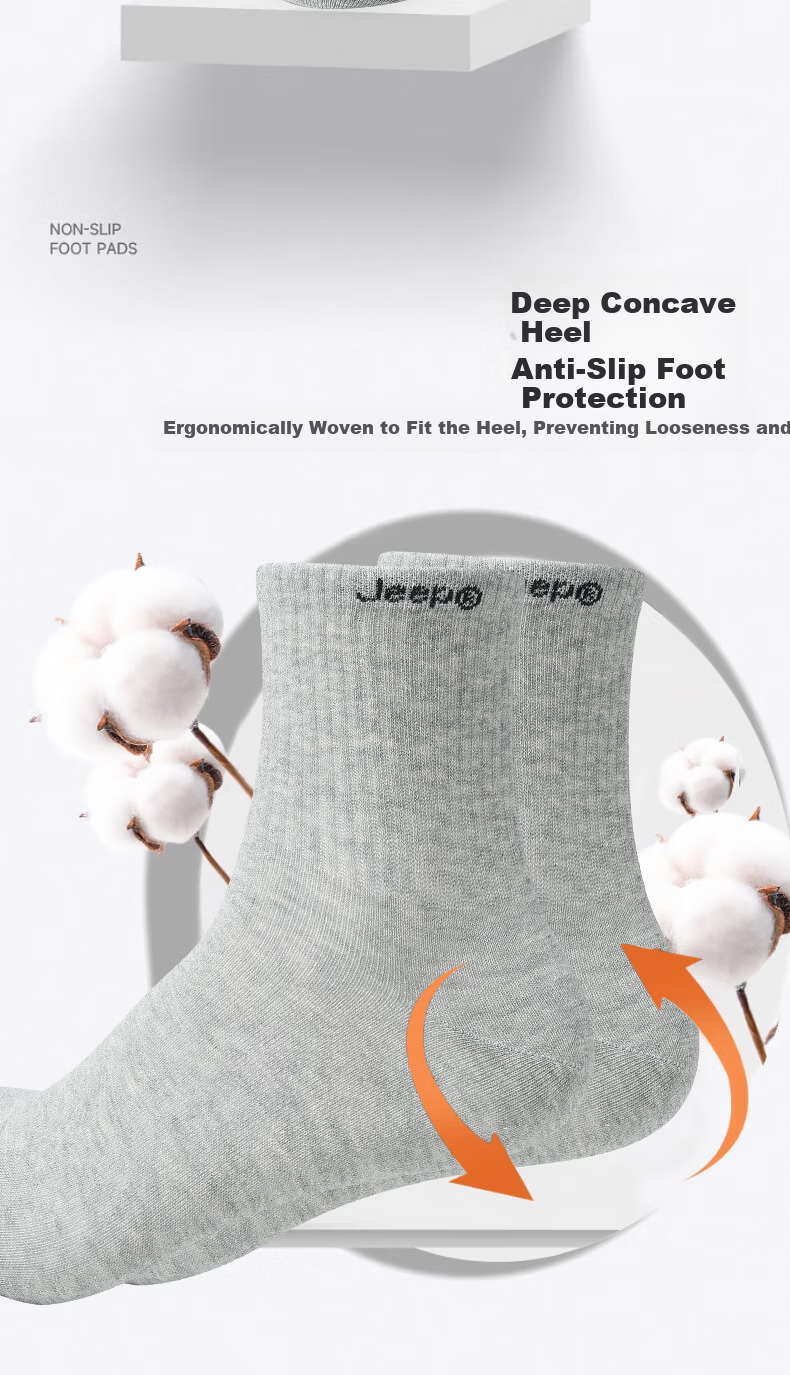 JEEP 100% Cotton Men's Mid-Calf Socks Spring Summer Comfortable Antibacterial Odor-Resistant Sweat-Absorbing Business Sports Socks 10A 8