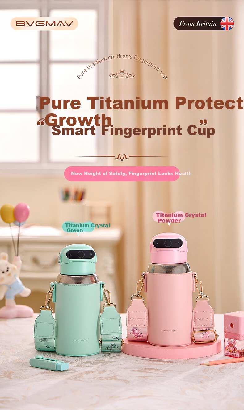 BVGMAV Pure Titanium Children's Insulated Bottle Smart Fingerprint Unlock Water Bottle Antibacterial Straw Cup for Boys and Girls Students Outdoor Portable 5
