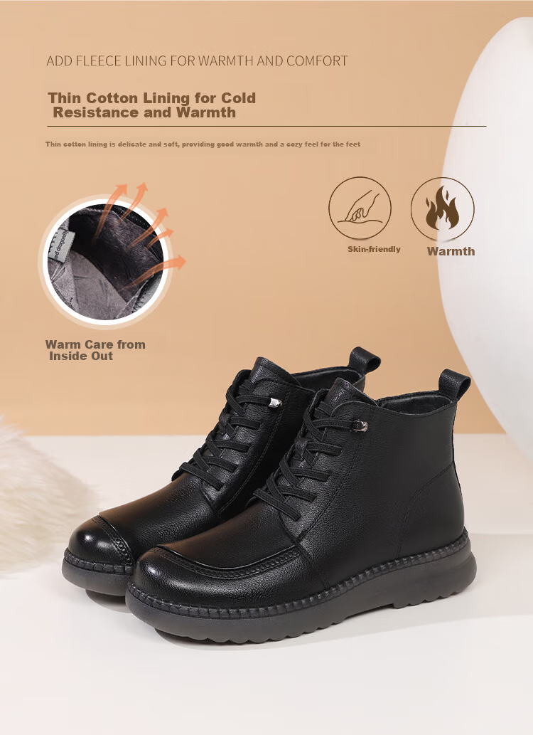 Red Dragonfly Women's Martin Boots Winter Fleece Lined Warm Thick Sole Short Boots Versatile Fashion Cotton Leather WTC457681H Black Size 37 4