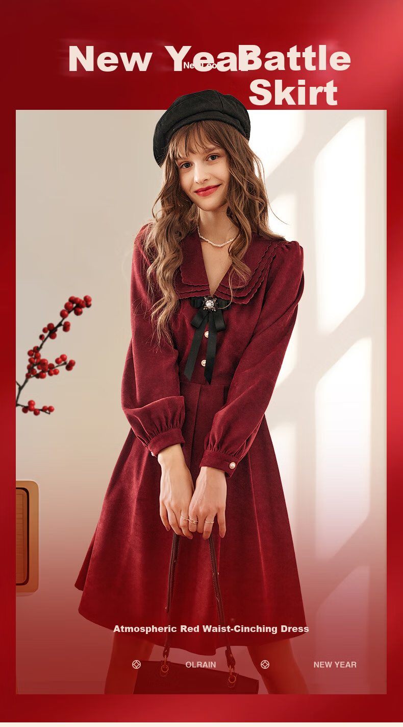 Olrain New Year Red Dress Women's Hepburn Style Little Red Dress Zodiac Year Clothing Red (Upgraded Version) L 1