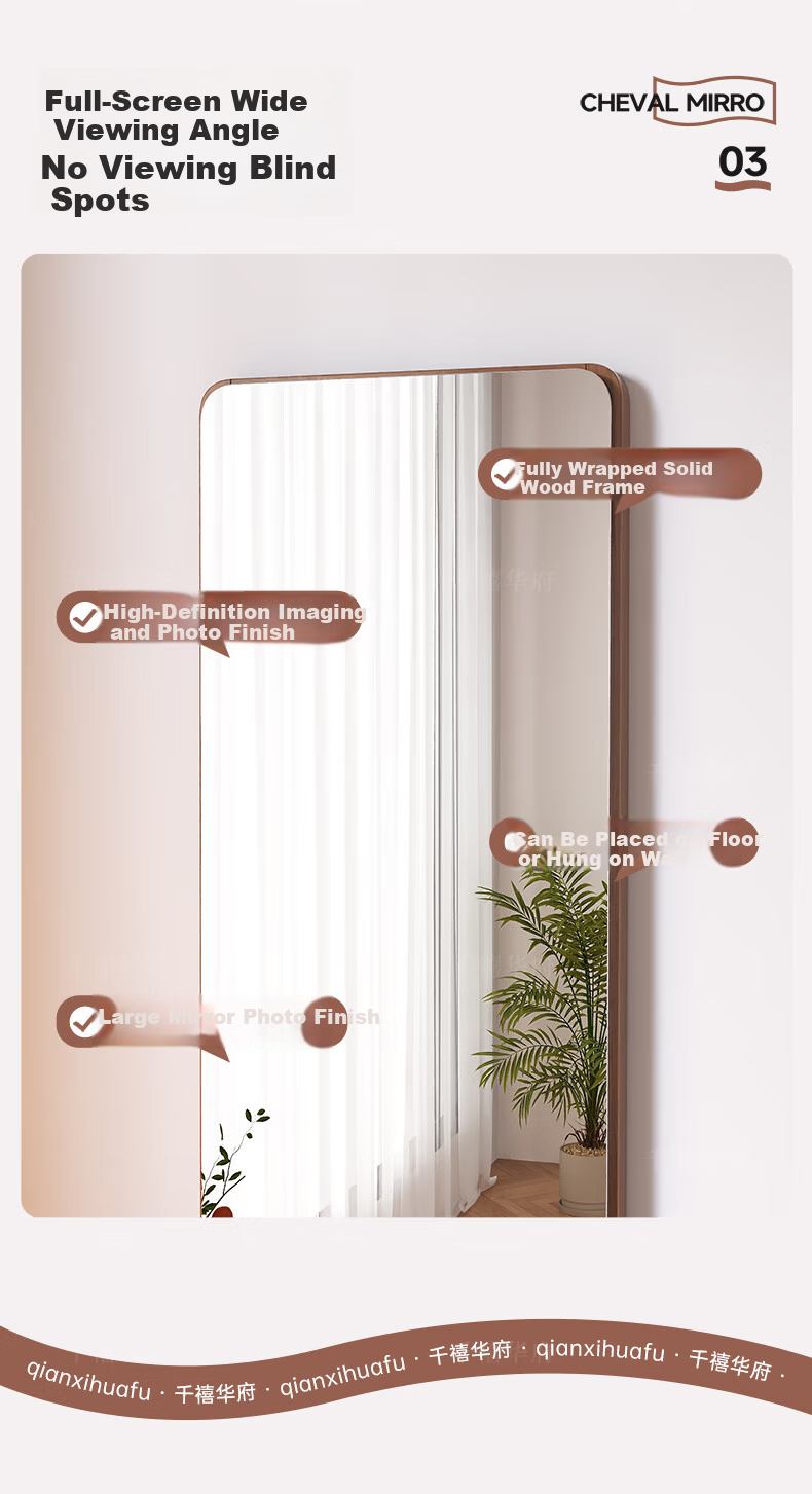 Millennium Huafu Solid Wood Full-Length Mirror Floor Mirror for Home Bedroom Dressing Room Clothing Store Wall-Mounted 64cm 4