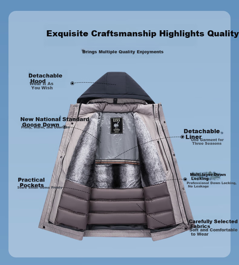 Yalu [90% Goose Down] Men's Winter New Mid-Length Business Thickened Hooded Detachable Liner Down Jacket 7