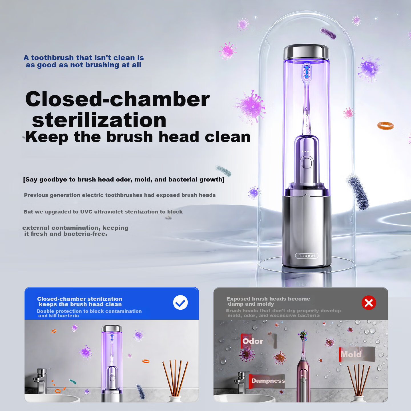 T-FLASH Electric Toothbrush with Vibration and UV Sterilization, Wobbler Design, Shock-Absorbing Brush Head, Unisex Gift Box, Birthday and Anniversary Practical Couples Gift Set
