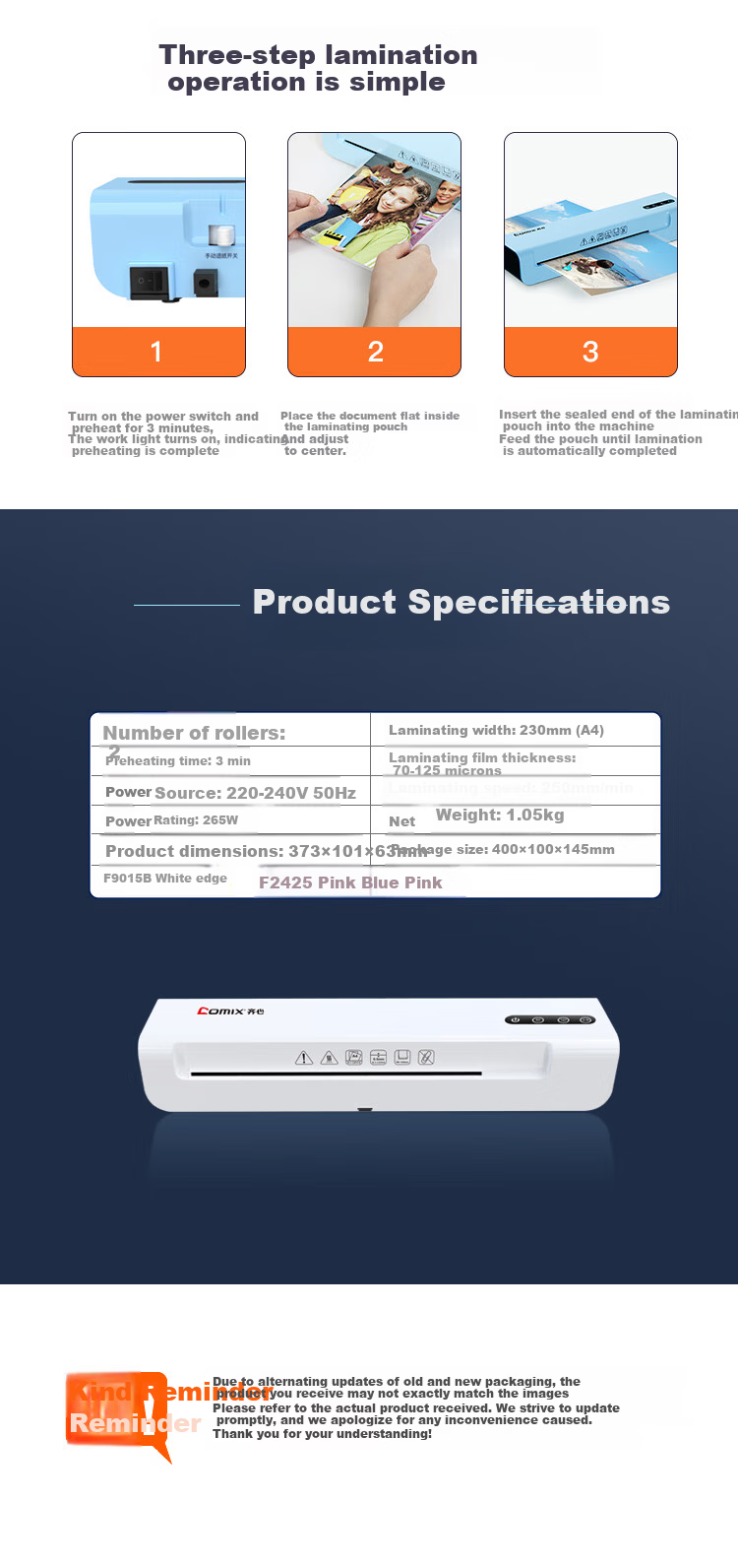 COMIX Photo Laminating Film, A4 Laminating Pouches, Photo Lamination Film, A4 Laminating Paper, Protective Film for Cards, A4 Laminating Paper, 100 Sheets/pack, QXA480 13