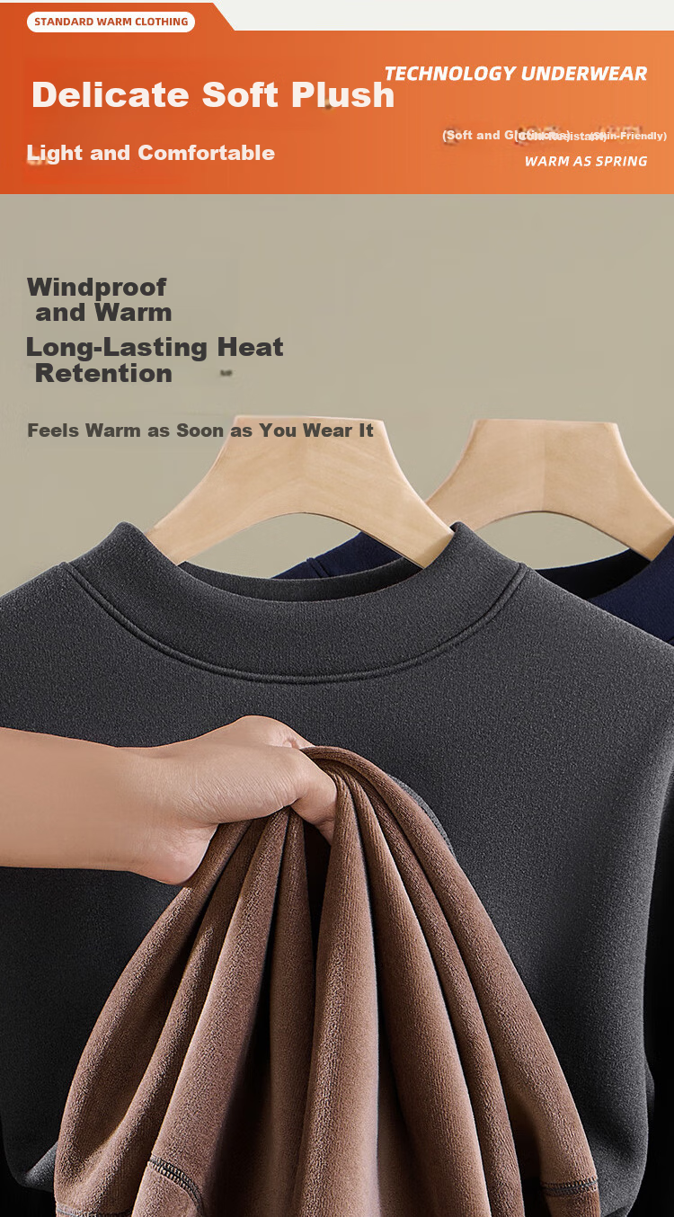 Langsha Men's Thermal Underwear Set Mid-Neck Autumn Winter Fleece Thickened Heating 10A Antibacterial Ultra-Soft Top and Bottom 15