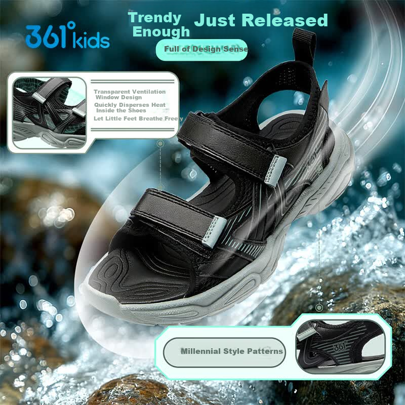 361° Kids Summer Sandals 26 Boys Girls Breathable Soft Cushioning Sports Sandals Black Size 38
