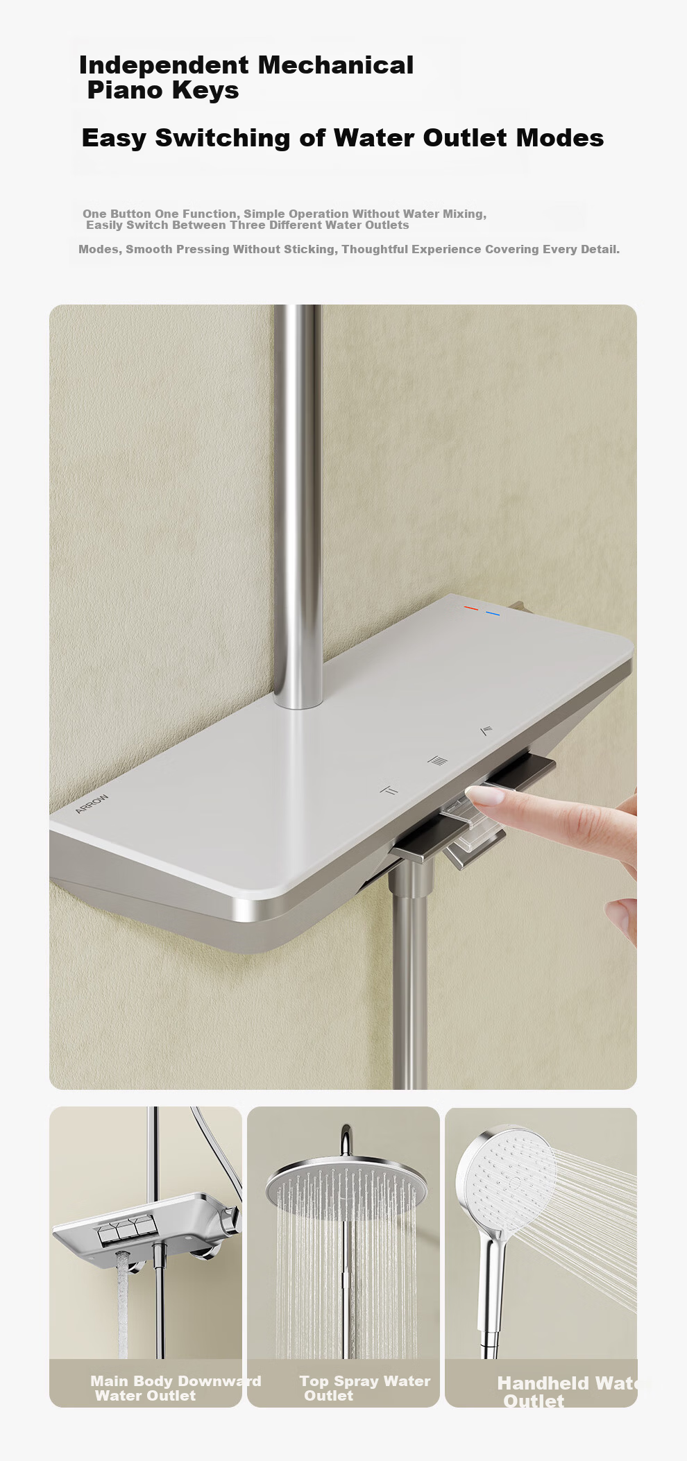 ARROW K150 Shower Set Three-Function Pressurized Spray Head Piano Key Giant Screen Top Spray AE33192MZCP 5