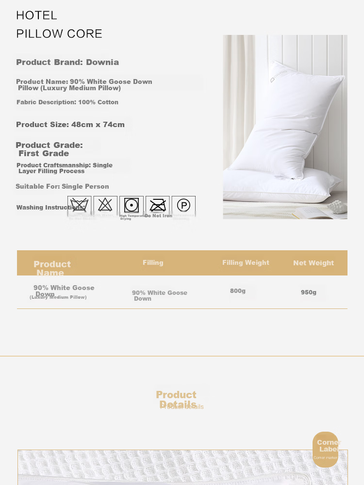 Downia JW Five-Star Hotel White Goose Down Pillow 90% White Goose Down Luxury Pillow 74*48CM 11
