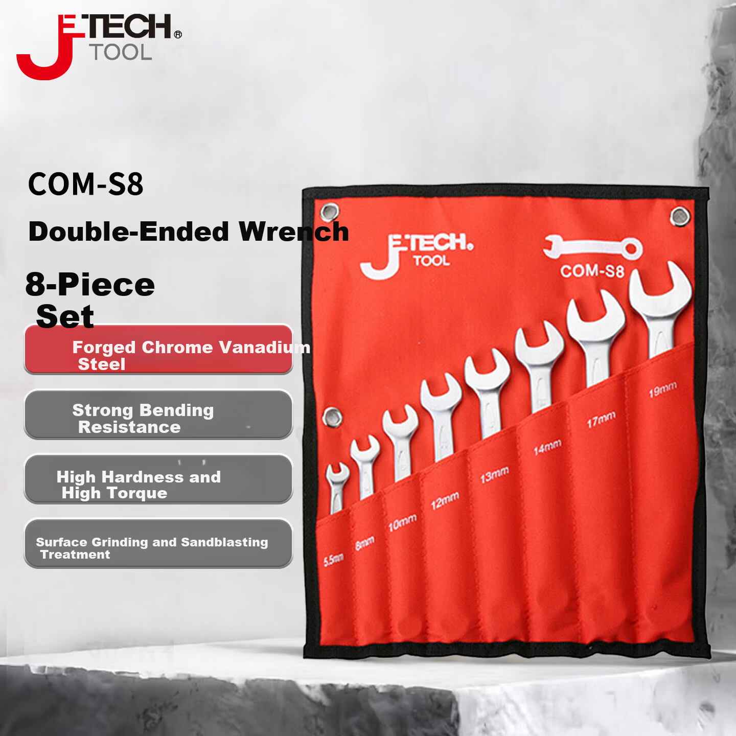 JETECH Dual-Use Wrench Set, Combination Open-End and Box Wrenches, 8-Piece Household Mechanical Repair Tool Set COM-S8