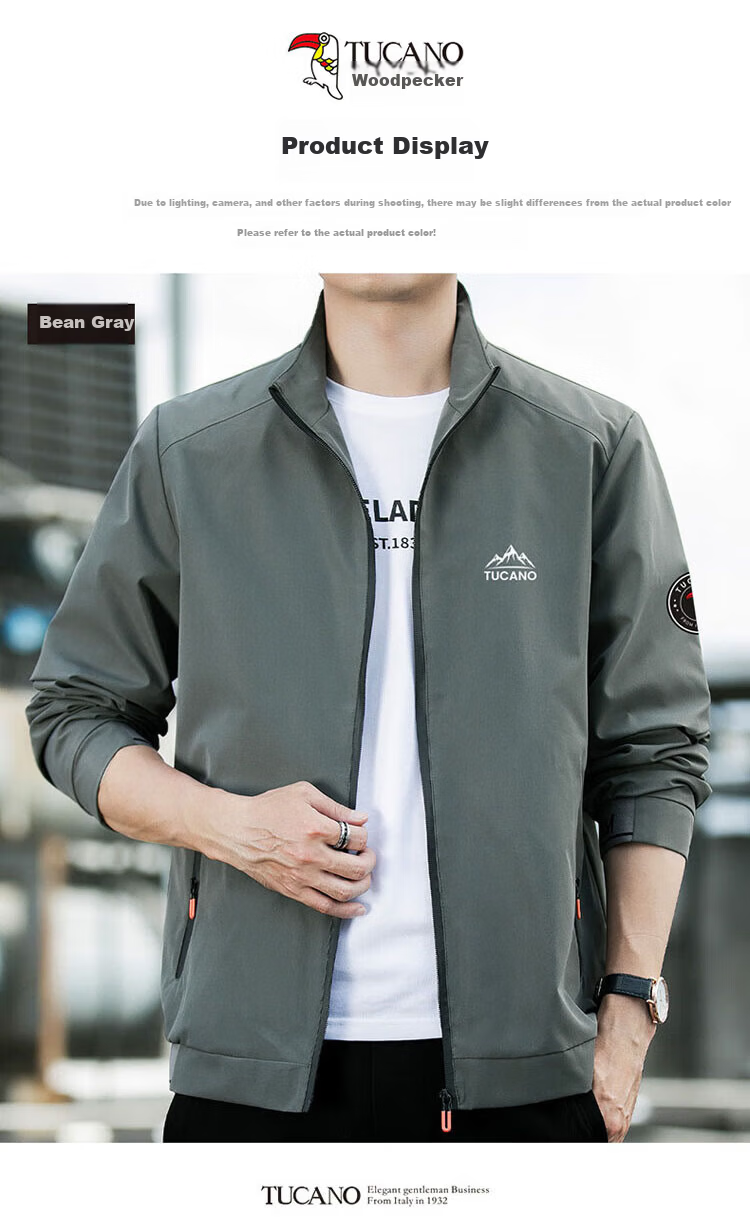 TUCANO Men's Spring Autumn Business Casual Jacket Loose Fit Stand Collar Men's Outdoor Coat Dark Gray XL 4