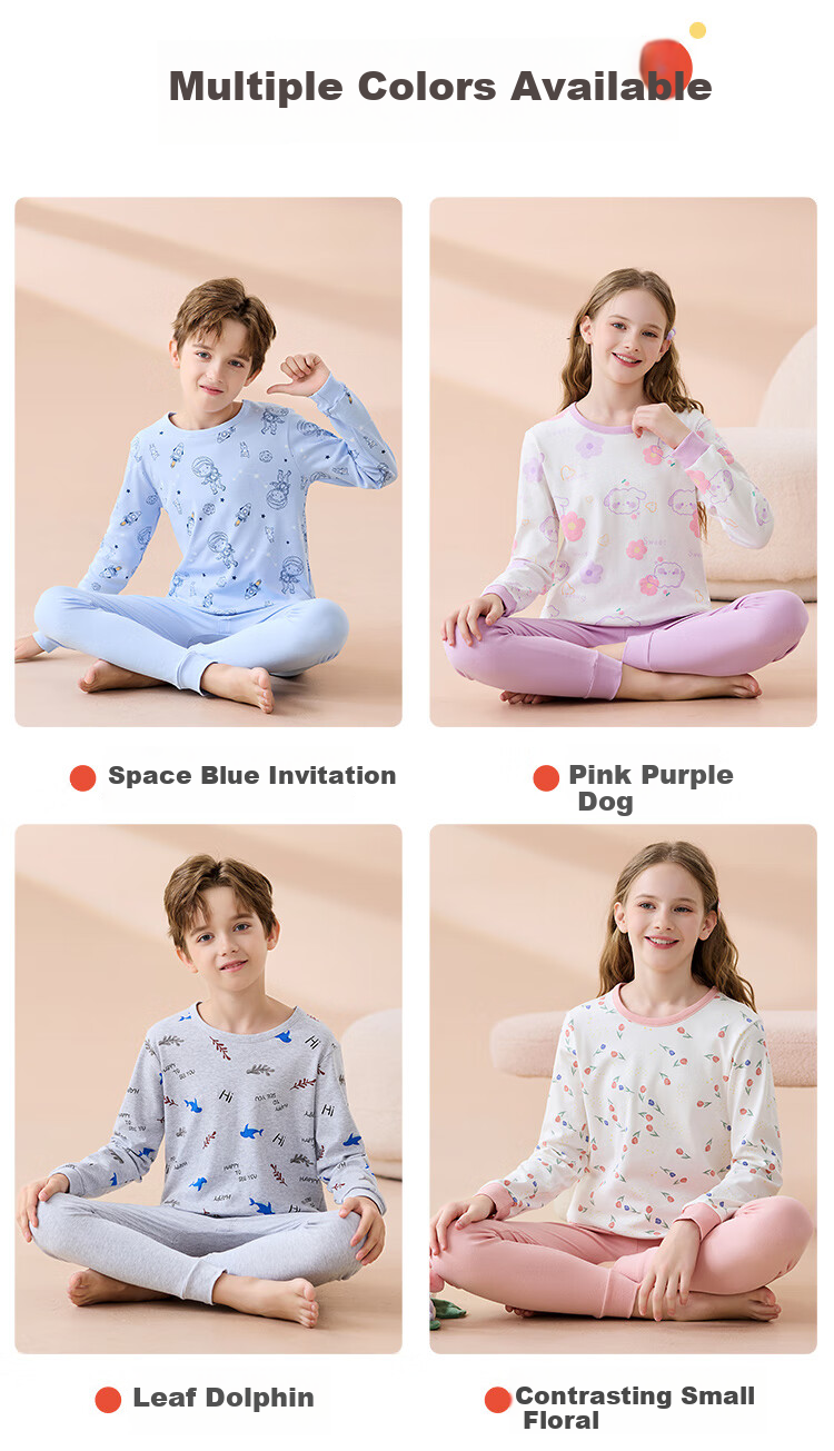 Dingguagua Children's Autumn Cotton Thermal Underwear Set Boys' Round Neck Warm Cotton Pajamas Girls' Autumn Winter Sleepwear Cotton Sweater 10