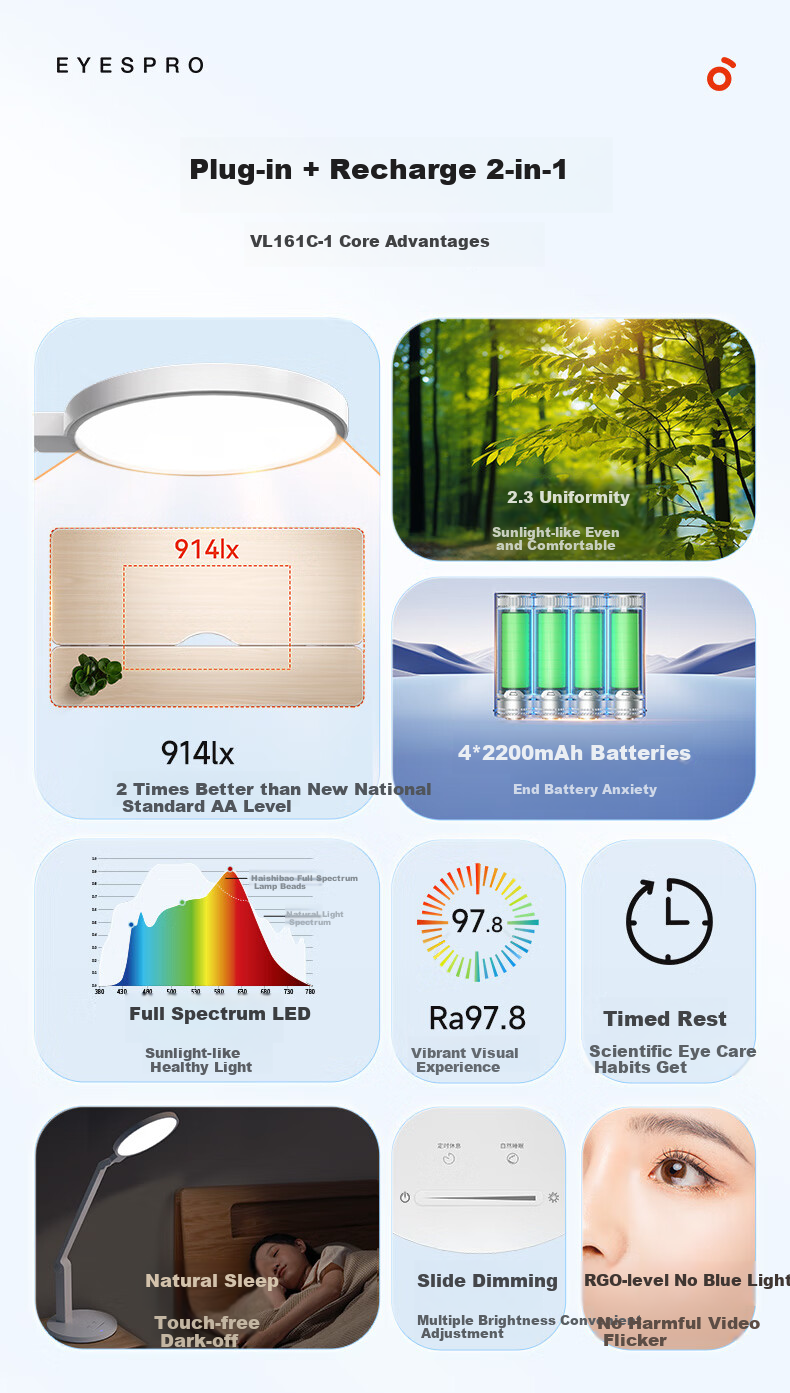 Haishibao National AA Rechargeable Desk Lamp Eye Protection Light for Study, Full Spectrum, Student Children's Dormitory Bedside Lamp VL161C-1 3