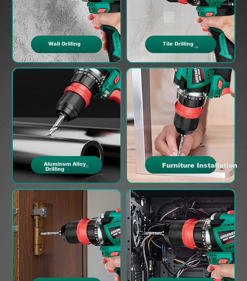Greenlin 16.8V Brushless Cordless Drill 4-in-1 Multi-Function Lithium Battery Quick-Change Chuck Household Power Handheld Hammer Drill 8
