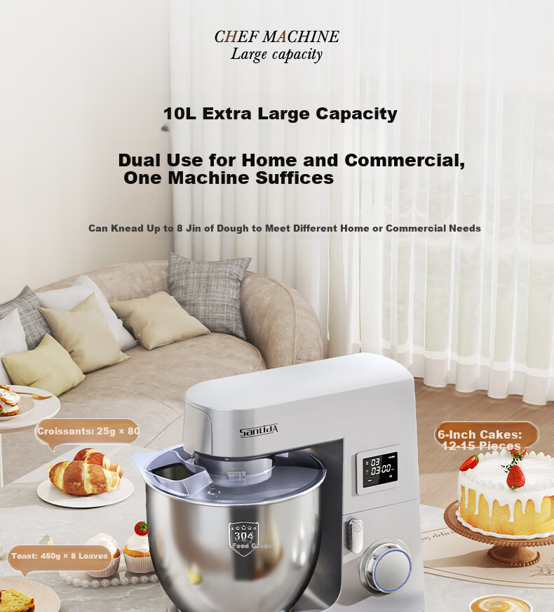 SANLIDA Sanlida 10L Metal Stand Mixer Large Capacity Commercial and Home Use Multifunction Dough Kneading Mixing Fermentation Egg Beater Cream Whisk Expandable 10