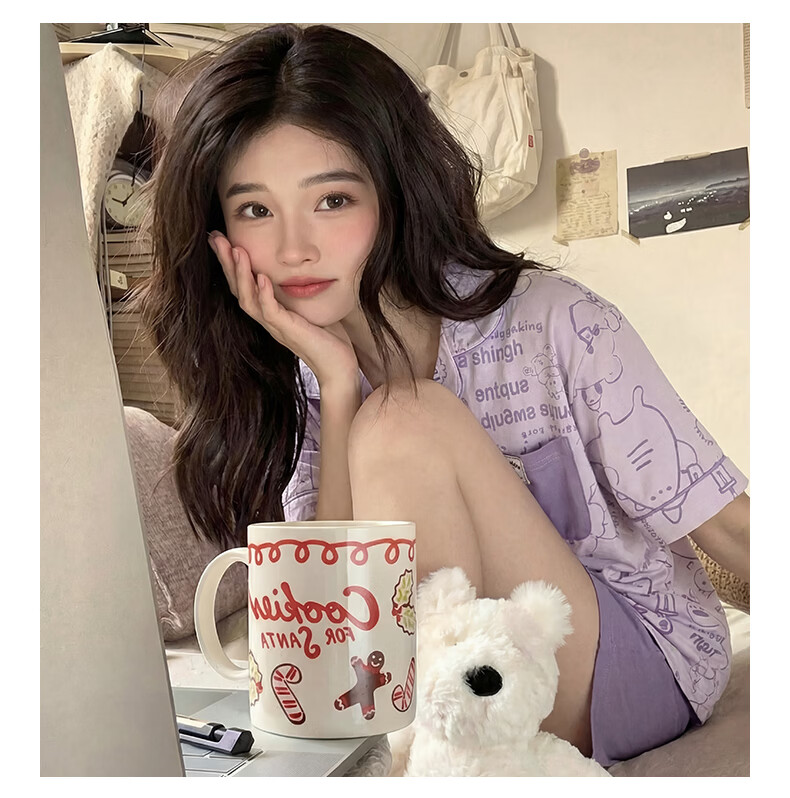 Yiershuang 100% Cotton Women's Summer Thin Short Sleeve Short Pants Pajama Set Cute Cartoon Homewear 7