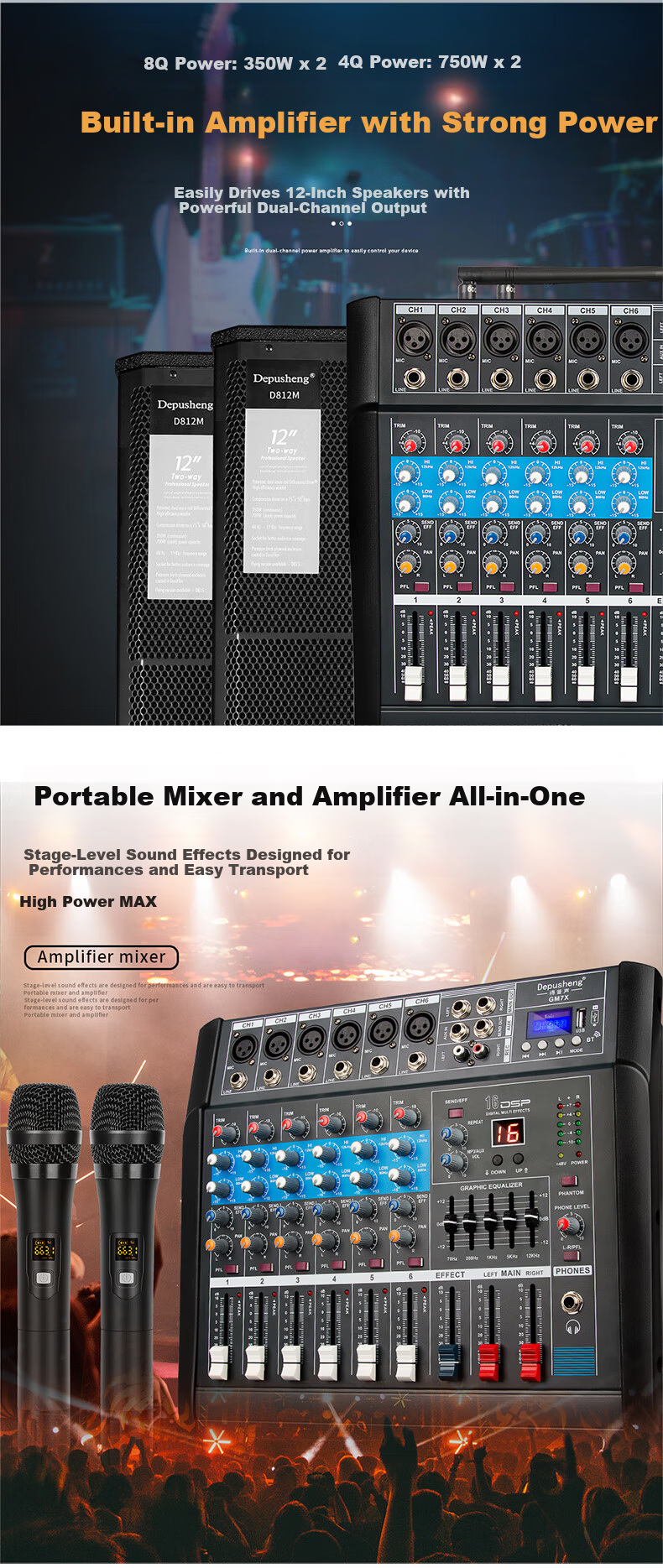Depusheng GM7X Professional Mixer Amplifier Integrated 6-Channel with Dual Wireless Microphones High-Power Stage Home Karaoke Conference 16 Reverb Effects USB Bluetooth Playback 350W*2 2