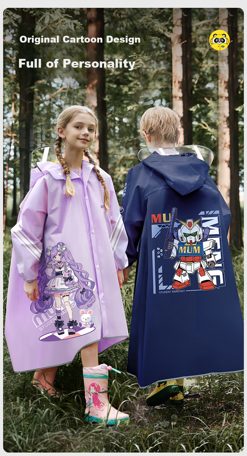 Moremerry Children's Raincoat for Boys And Girls, Full-Body Waterproof Poncho for Primary And Secondary School Students, Navy Blue Mecha Design, Size 4XL 8