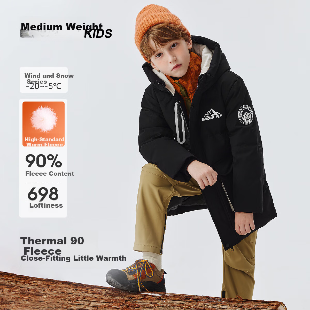 SNOWFLYING Kids Down Jacket Unisex Winter New Mid-Length Thickened Warm Large Children Down Coat Black 130