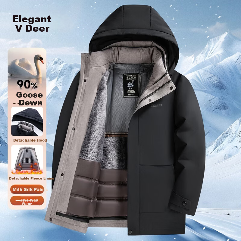 Yalu [90% Goose Down] Men's Winter New Mid-Length Business Thickened Hooded Detachable Liner Down Jacket
