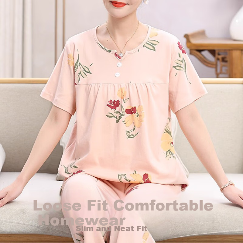 Yuzhaolin Middle-aged and Elderly Women's Spring Summer Cotton Pink Printed Loose Plus Size Casual Homewear Pajama Set