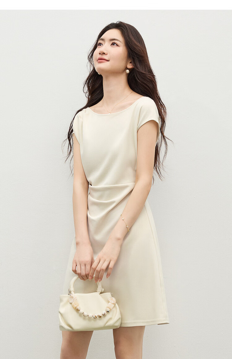 Shangdu Bila Elegant Temperament Short Sleeve Dress Women Spring Summer Off-Shoulder Pleated Slimming A-Line Mid-Length Dress 11