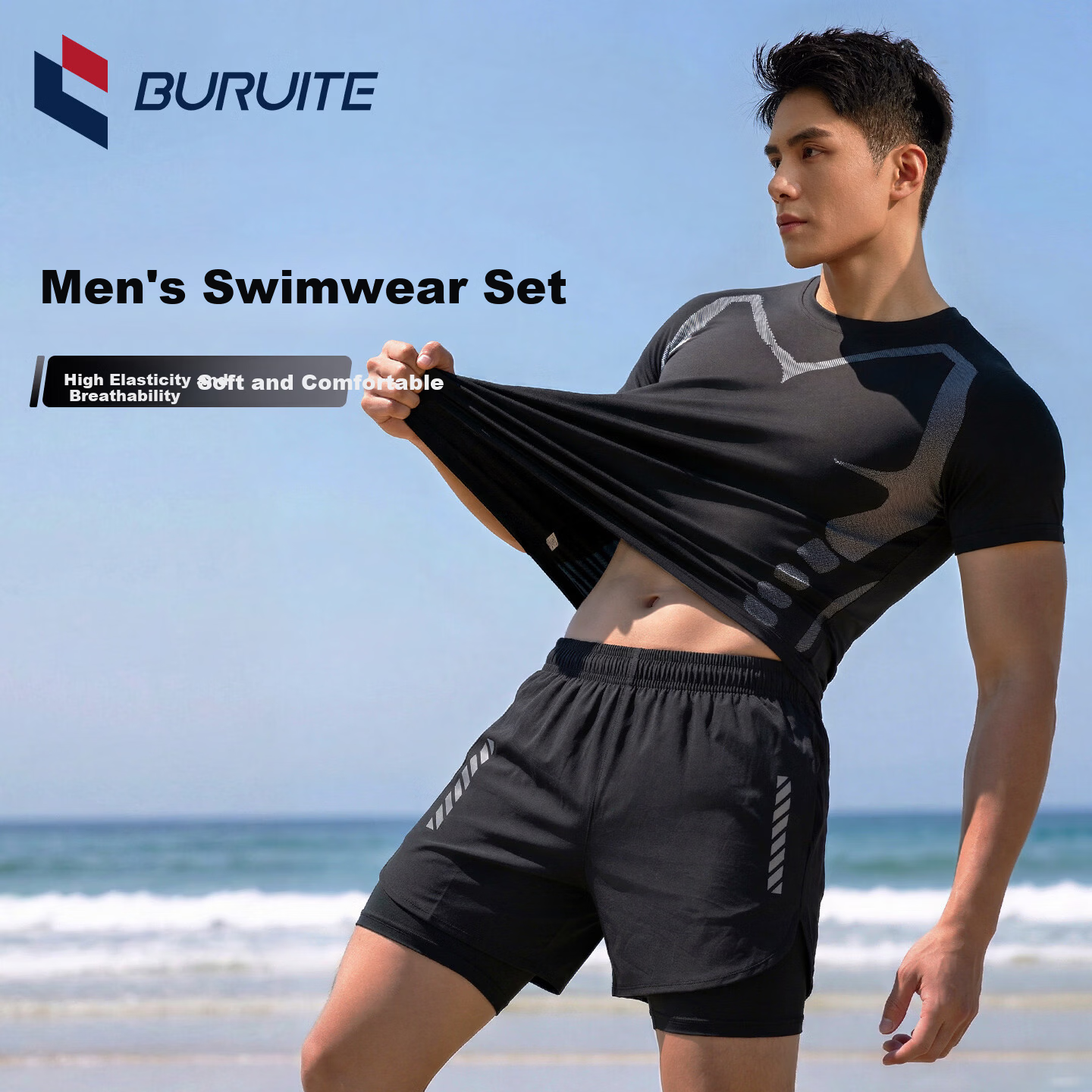 BURUITE Men's Swimwear Set Swim Trunks Anti-Embarrassment Boxer Briefs Summer Full-Body Top Hot Spring Gear