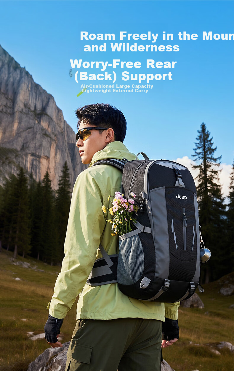 JEEP Men's Backpack Outdoor Professional Hiking Mountaineering Multifunctional Large Capacity Lightweight Water-Resistant Travel Bag 1