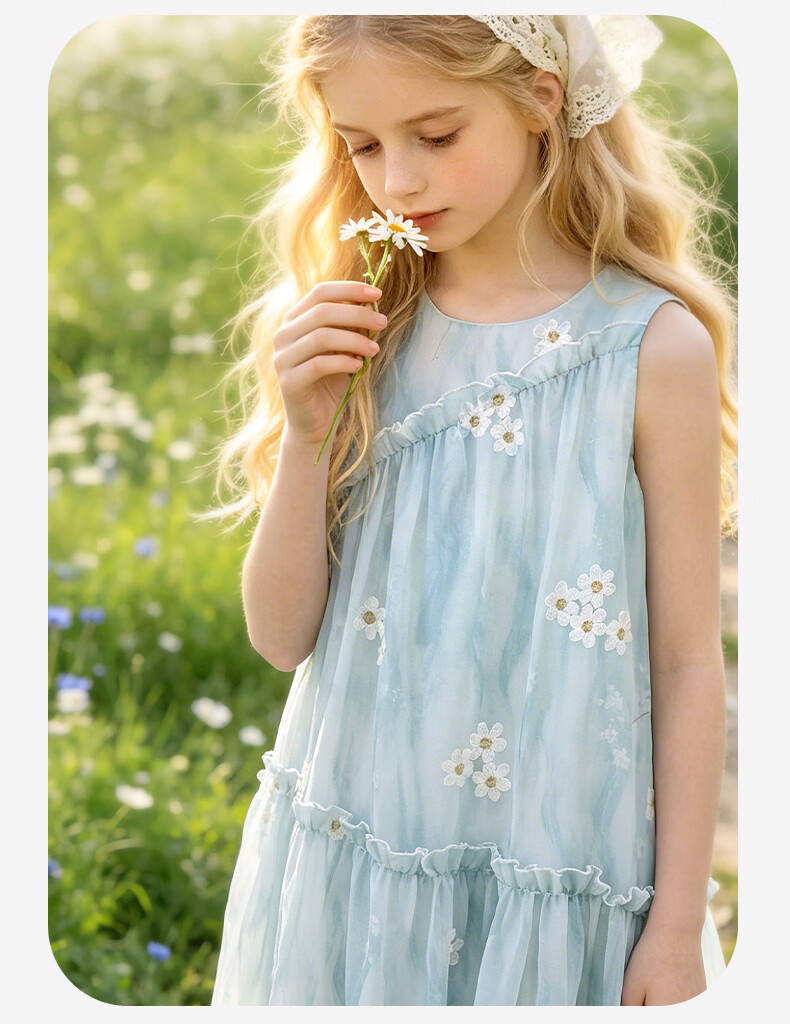 Disney Girls Floral Princess Dress Summer Vacation Long Dress for Big Kids 1A154 Ice Blue 120 8