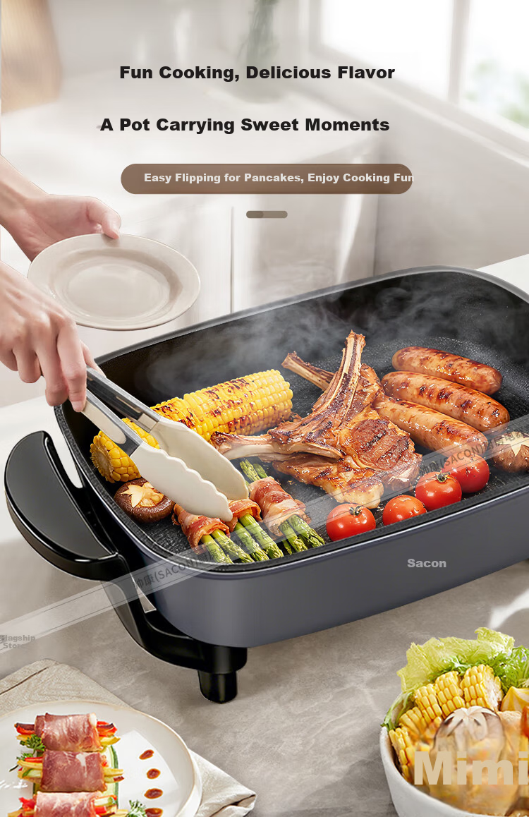Sacon Electric Hot Pot Multifunctional Electric Frying Pan Grilled Fish Electric BBQ Stove Household Smokeless Electric Grill Large Capacity Non-stick Electric Skillet ML-8010C 10