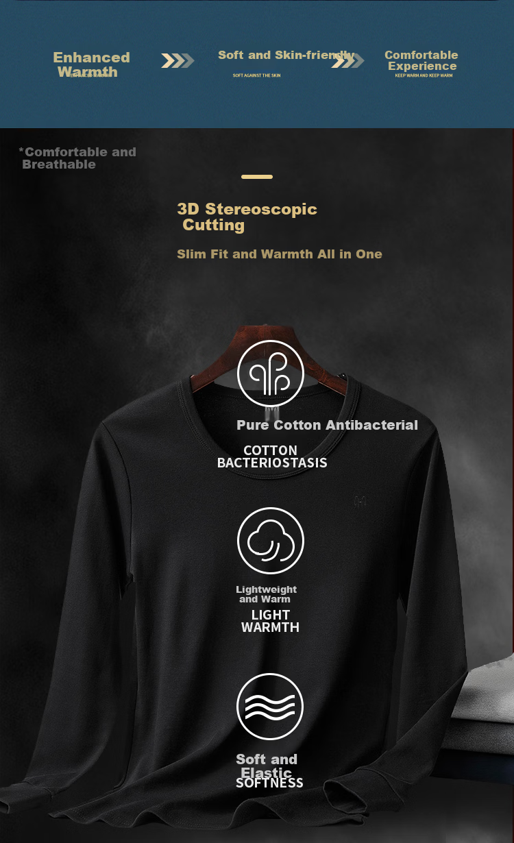 Hengyuanxiang [A-Class Cotton] Antibacterial Men's Thermal Underwear Set Pure Cotton Warm Crew Neck Base Layer Autumn Clothes 1