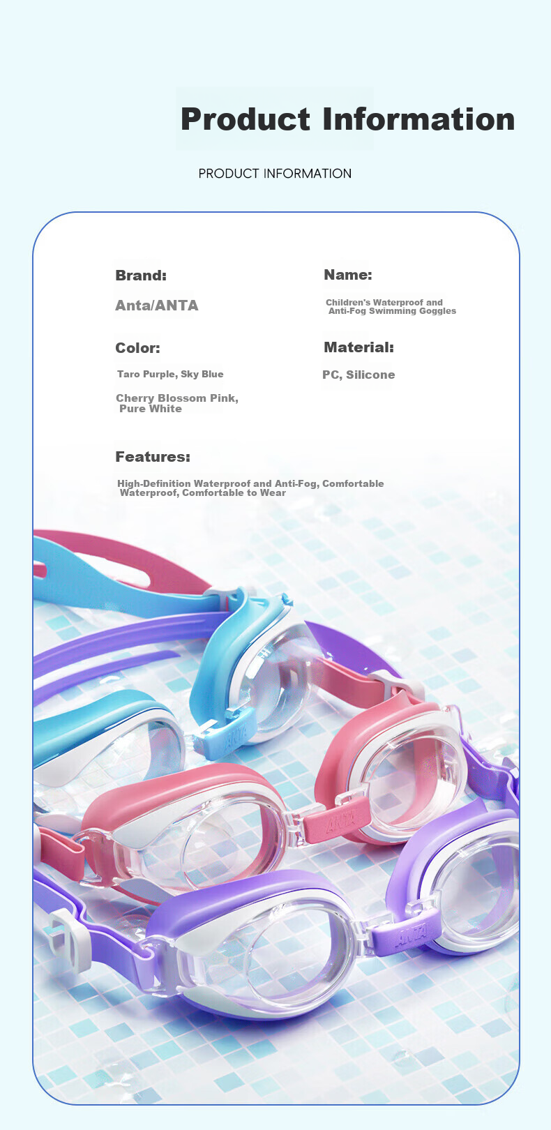 ANTA Swimming Goggles And Cap Set for Children, Comfortable Waterproof Anti-Fog High Definition Youth Swimming Glasses Set, Cherry Blossom Pink 8
