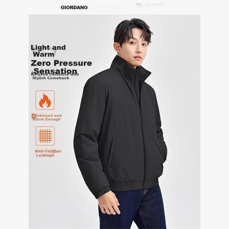Giordano Men's Cotton Padded Outdoor Jacket New Windproof Solid Color Stand Collar Long Sleeve Cotton Jacket 01075683
