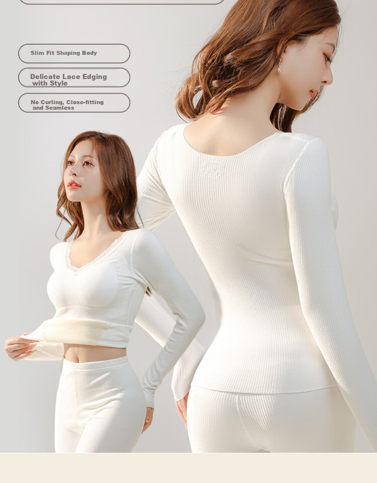 Mankejiao Women's Cashmere Silk Thermal Underwear Set Fleece Lined Thickened 2025 Autumn Winter New Long Johns Bra-Free 7