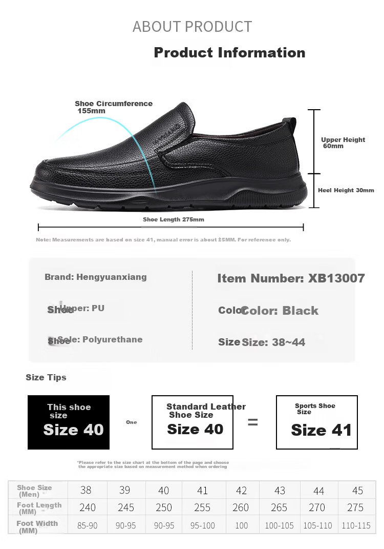 Hengyuanxiang Men's Fashion Business Casual Leather Slip-On Shoes XB13007 Black Size 41 4