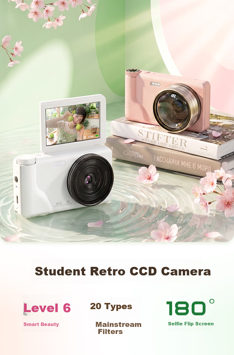 FAMUE HD CCD Digital Camera Student Retro Beauty Card Camera Girls Flip Screen Selfie Campus Travel Vlog Entry-Level Camera Birthday Gift 64G White 2