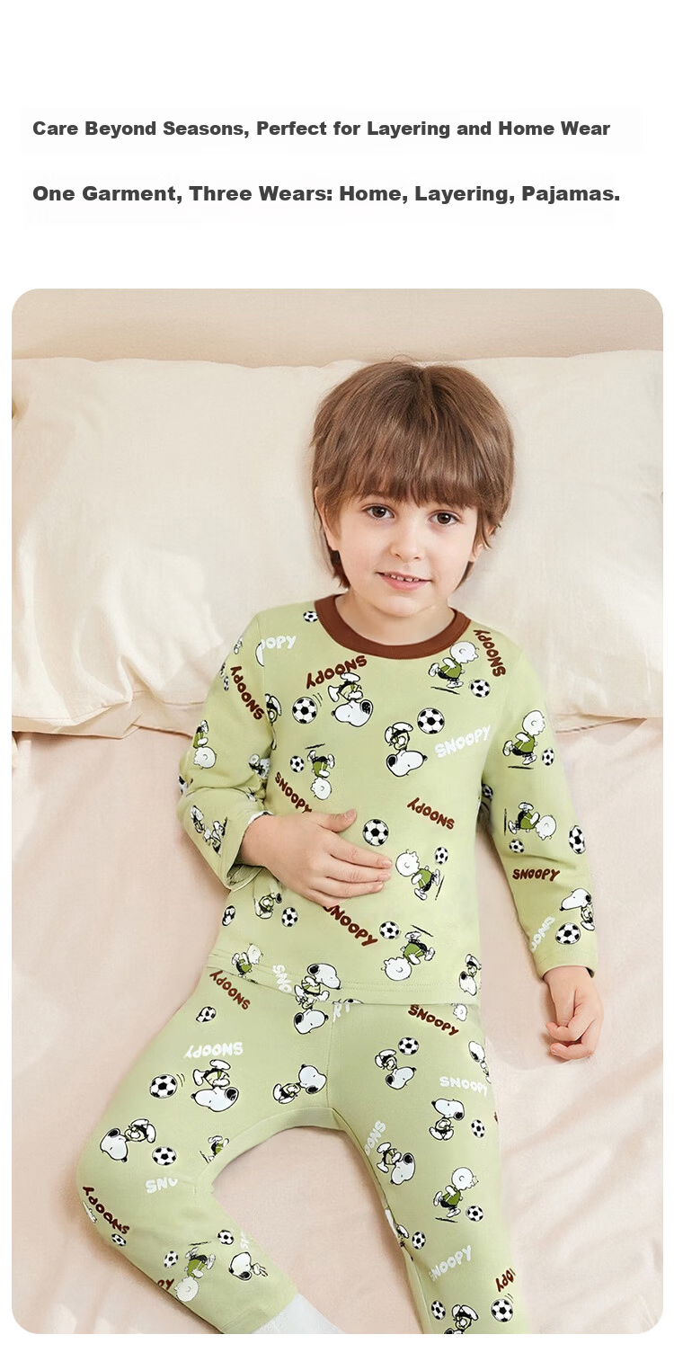 SNOOPY Children's Thermal Underwear Set Boys Autumn Long Johns Baby Pajamas Warm Base Layer Feiyue Football Green 6
