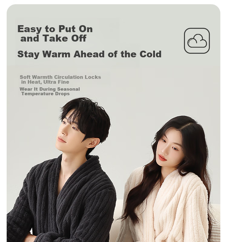 MiiOW [Warm Long Plush] Women's Couple Sleepwear Autumn Winter Striped Long Warm Simple Bathrobe Beige 5