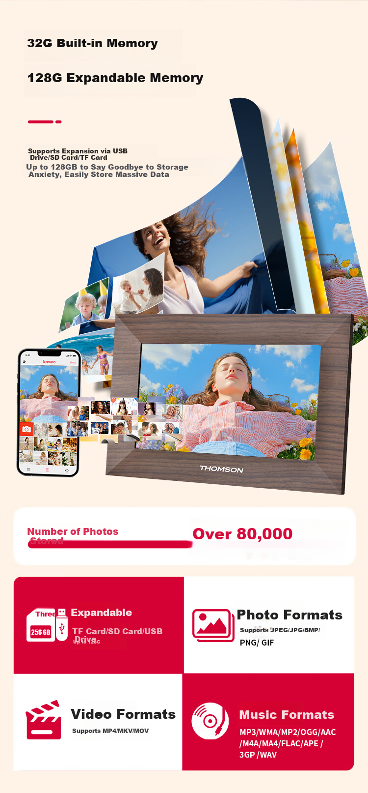 THOMSON 7-Inch Family Sharing Digital Photo Frame Smart HD Cloud Frame Photo Video Music Player Gift 7001P 8