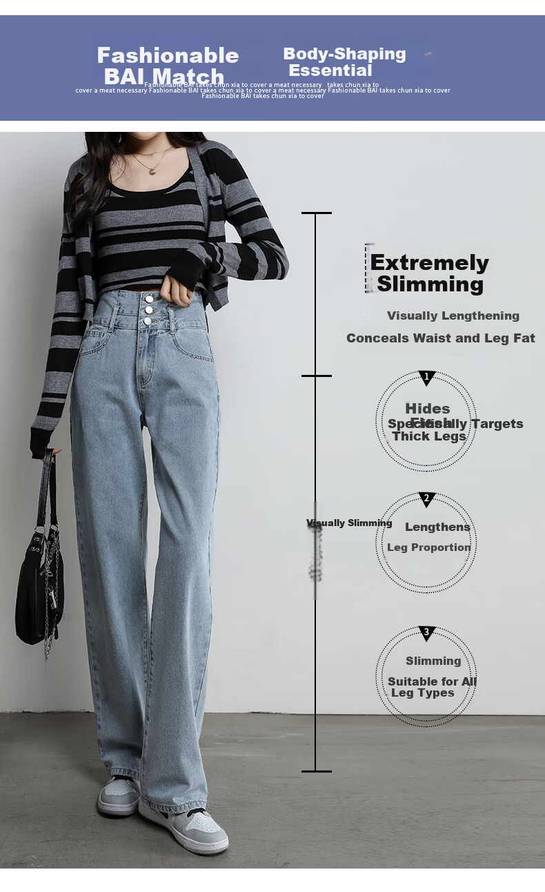 Romon [Cotton Stretch] Women's Summer High-Waist Slim Fit Simple Casual Loose Wide-Leg Jeans Dark Blue S 3