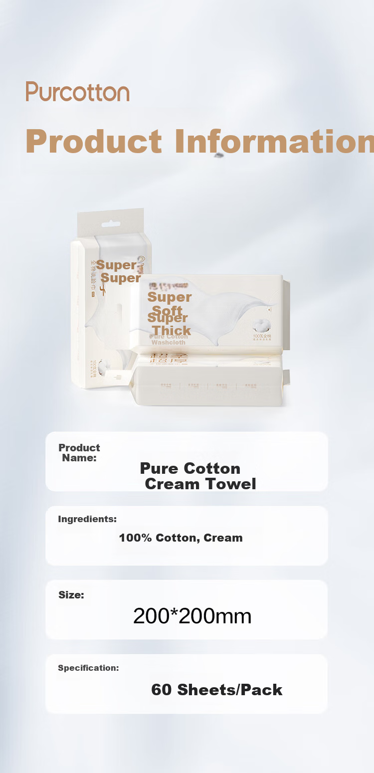 PurCotton [Sun Yingsha Edition] Facial Cleansing Wipes 60 Sheets*3 Packs Extra Thick Cream Wall-Mounted 100% Cotton Soft Towels 20*20CM 9