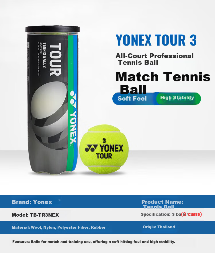 Yonex TBTR3 High Elasticity Tennis Balls for Competition and Training Yellow 3 Tubes 9 Balls Pack 2