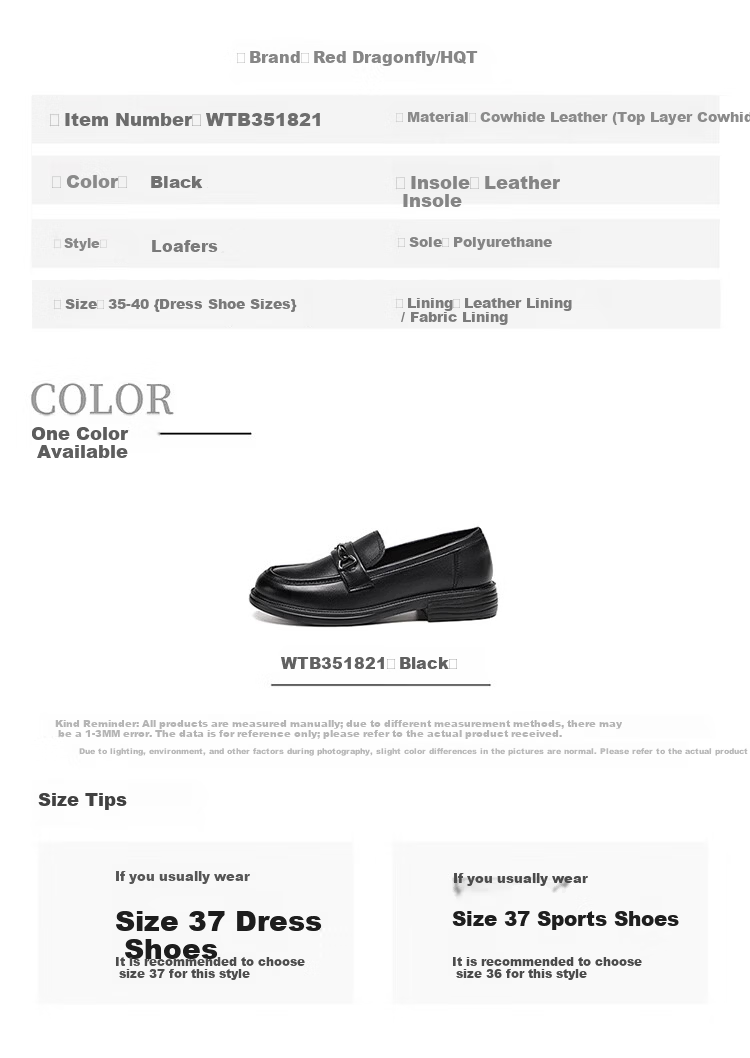 Red Dragonfly Women's Commuter Fashion Leather Comfortable Slip-On Loafers WTB351821 Black Size 35 5