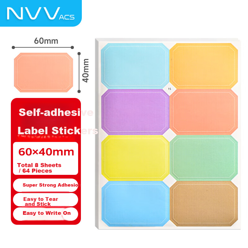 NVV Color Label Stickers 40x60mm Large Adhesive Self-Stick Memo Name Price Tags 64pcs BQ-80 Colorful