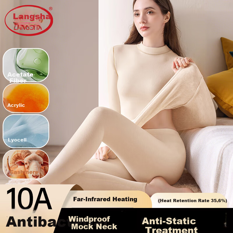 LangSha Autumn Winter New Mid-High Collar Cashmere Thermal Underwear Women Thickened Fleece Heating Slim Fit Base Layer Set