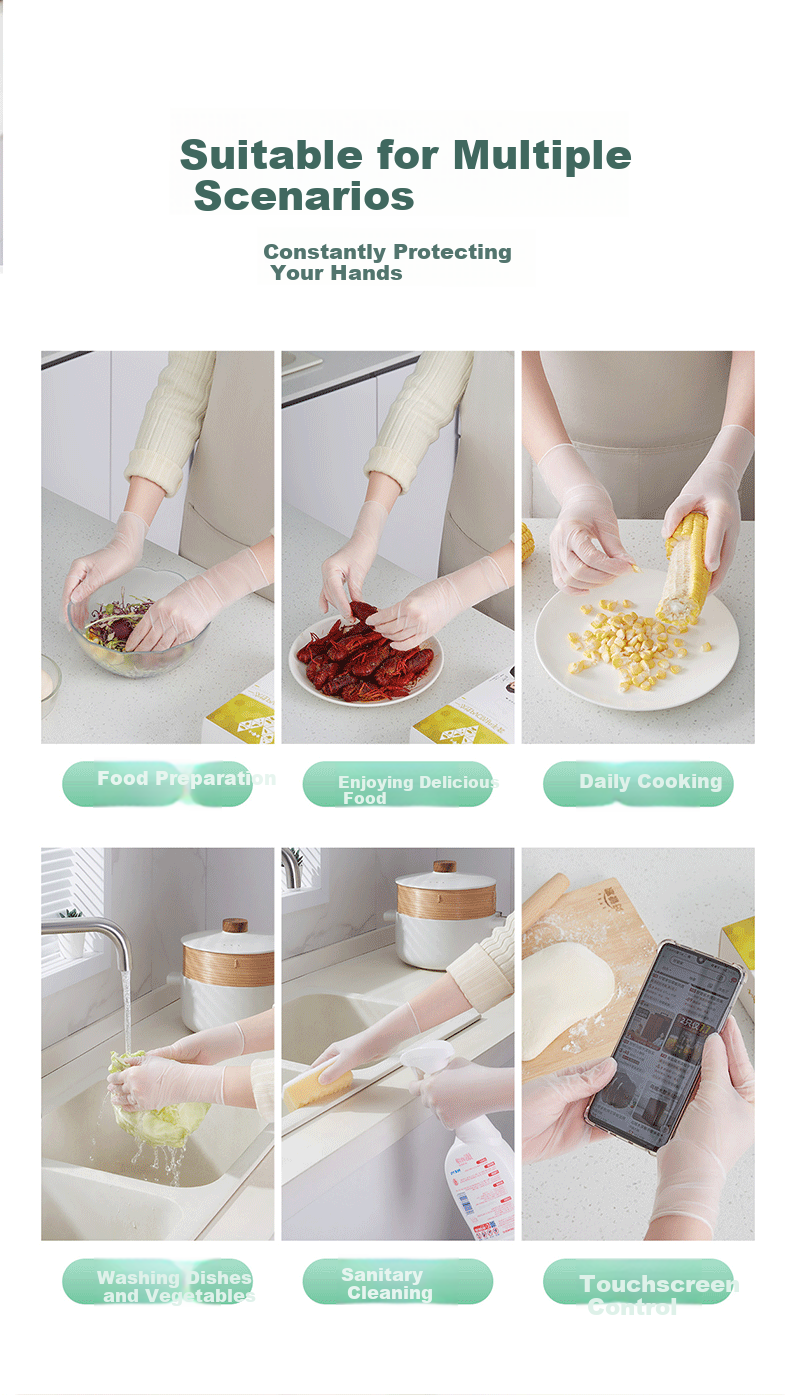 Yibei Extended Disposable PVC Gloves for Dishwashing, Baking, Kneading, Cleaning Household Use, Upgraded Pack of 100, Size L 6