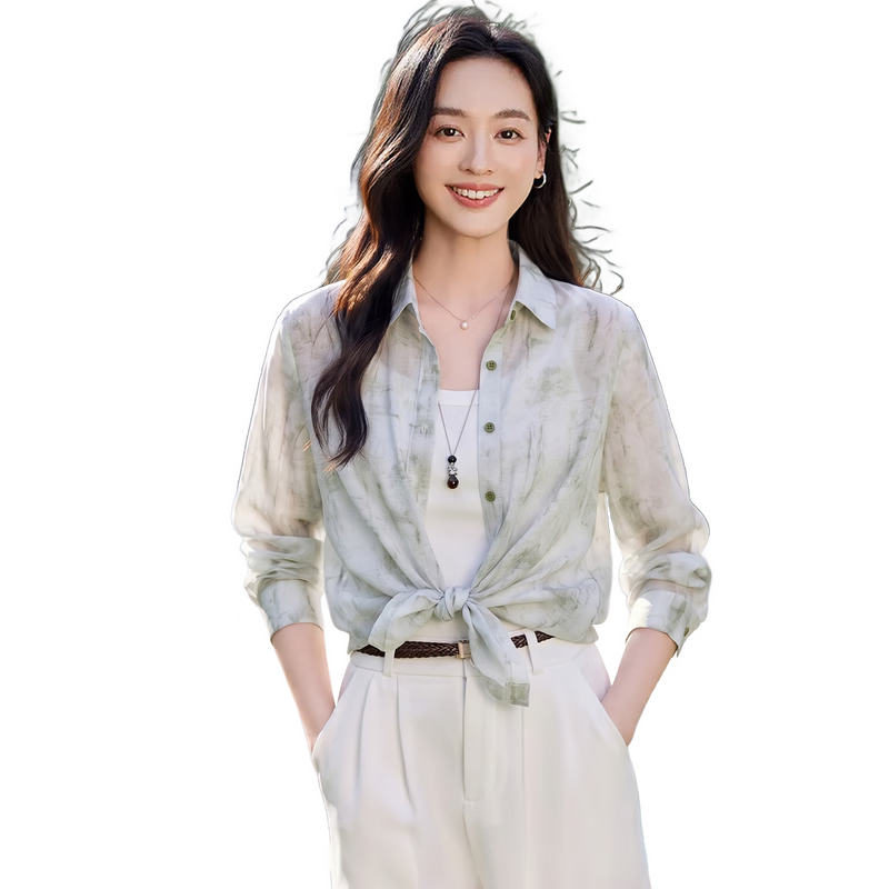 Chushen Spring And Summer Long-Sleeve Shirt for Women, Artistic Tie-Dye Printed Blouse Jacket Air Conditioning Shirt S52S020 Winter Light Green S