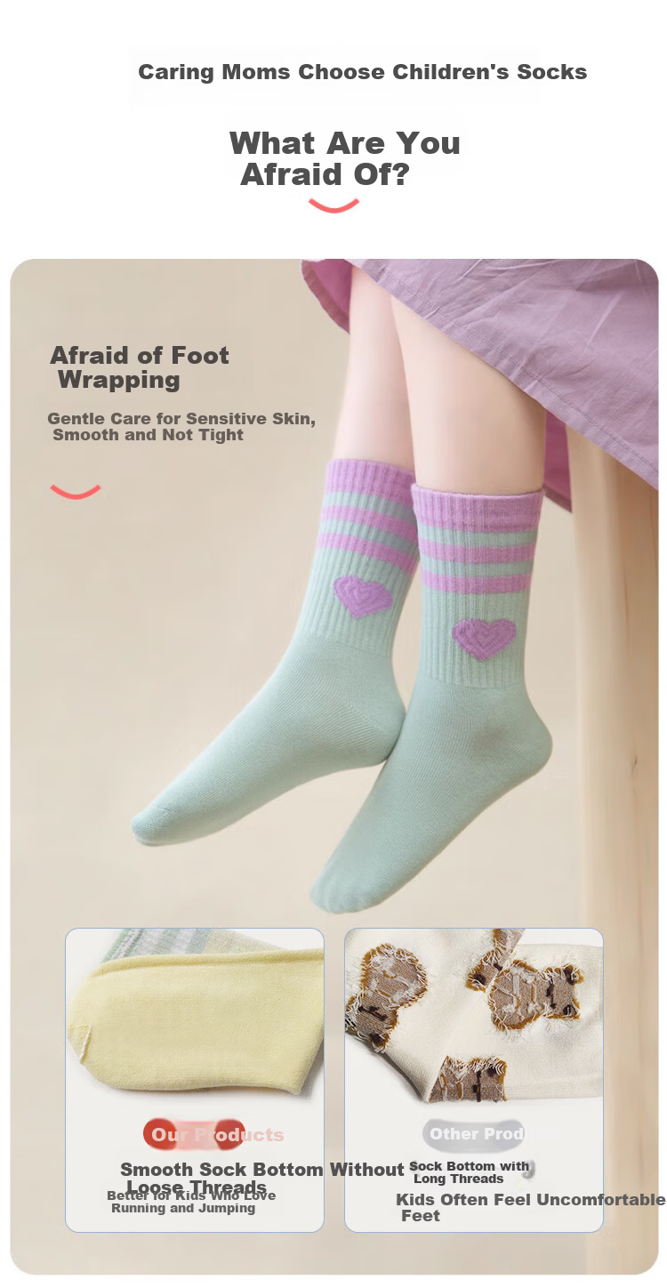 Caramella Kids Socks Spring Summer Girls Striped Heart Trendy Sports Mid-Calf Socks for School Children 3