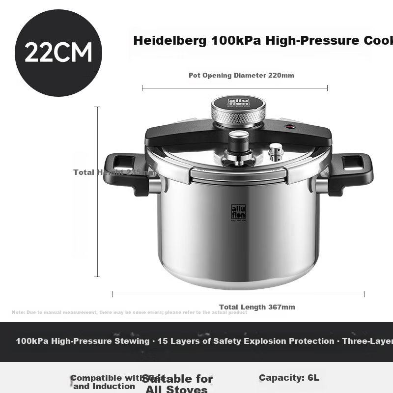 Alluflon Pressure Cooker Explosion-Proof High-Pressure Pot 304 Stainless Steel Single-Hand Open Induction Cooker Compatible 6L Household for 3-4 People