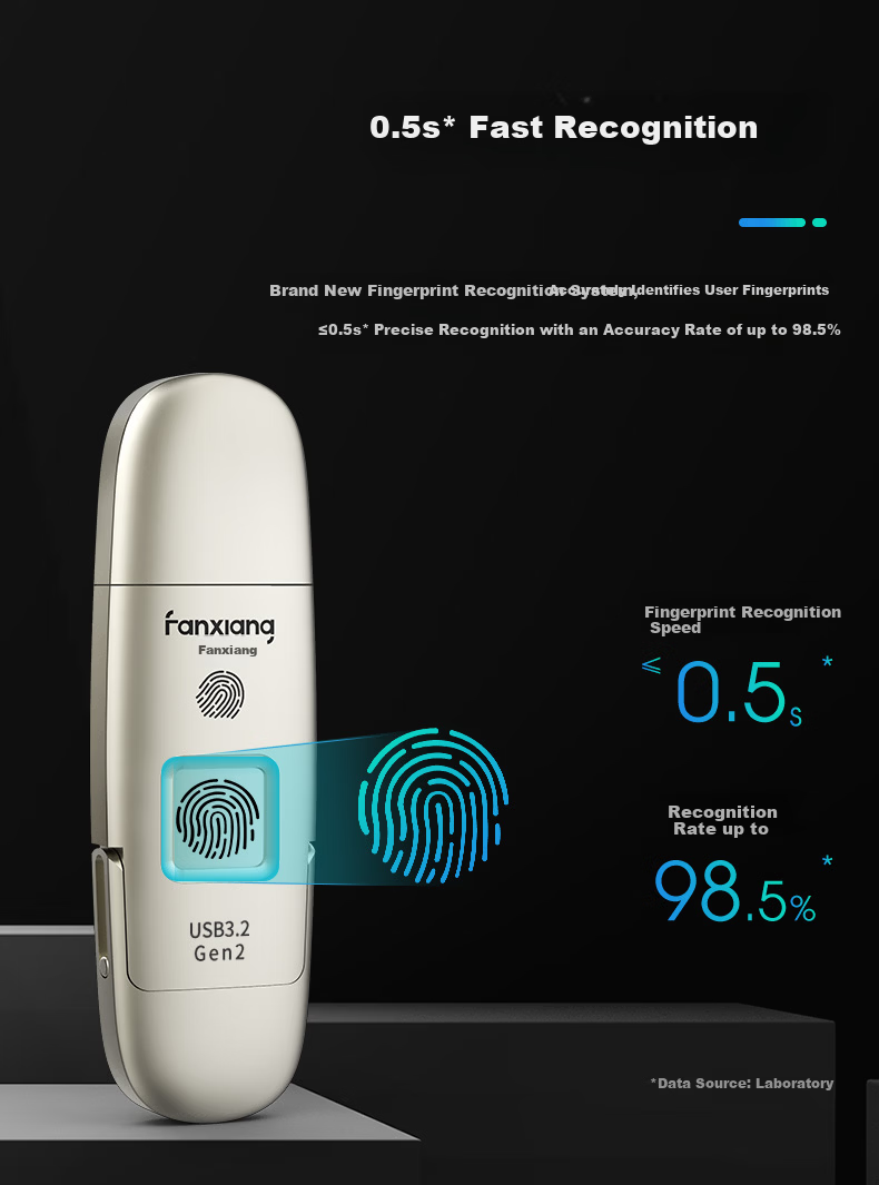 FANXIANG Solid State USB Drive 512GB USB 3.2 Type-C Fingerprint Encrypted High-Speed Flash Drive Mobile SSD FP651 Champagne Silver 8