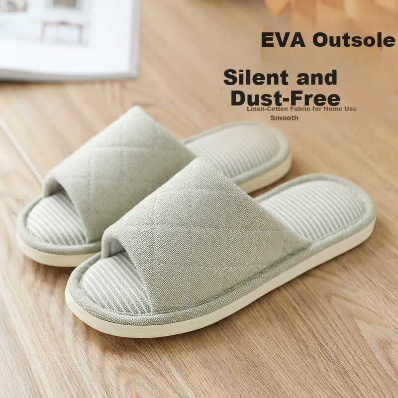 Guoluofi Four Seasons Linen Fabric Slippers Men's Home Indoor Couple Open Toe Slippers Light Green Size 38-39